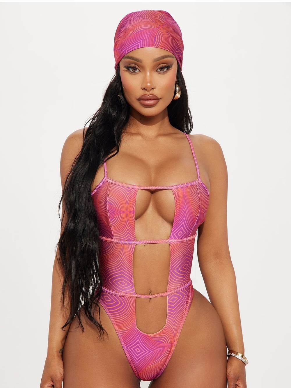 Women’s Pink Cutout One-Piece Thong Swimsuit with Matching Head Scarf